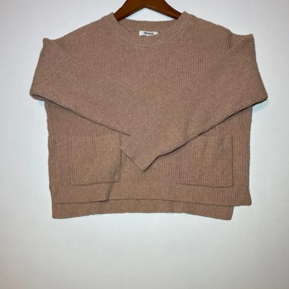 Women's Madewell Patch Pocket Pullover Long Sleeve Oversized Sweater Tan Sz M - Picture 1 of 6